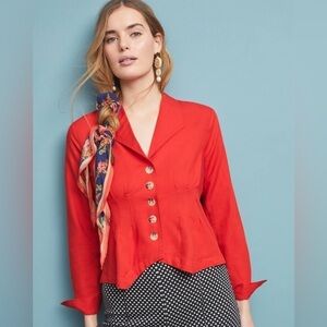 ANTHROPOLOGIE MAEVE Delia Tailored Button Down Linen Blouse V Neck Red Size‎ 0